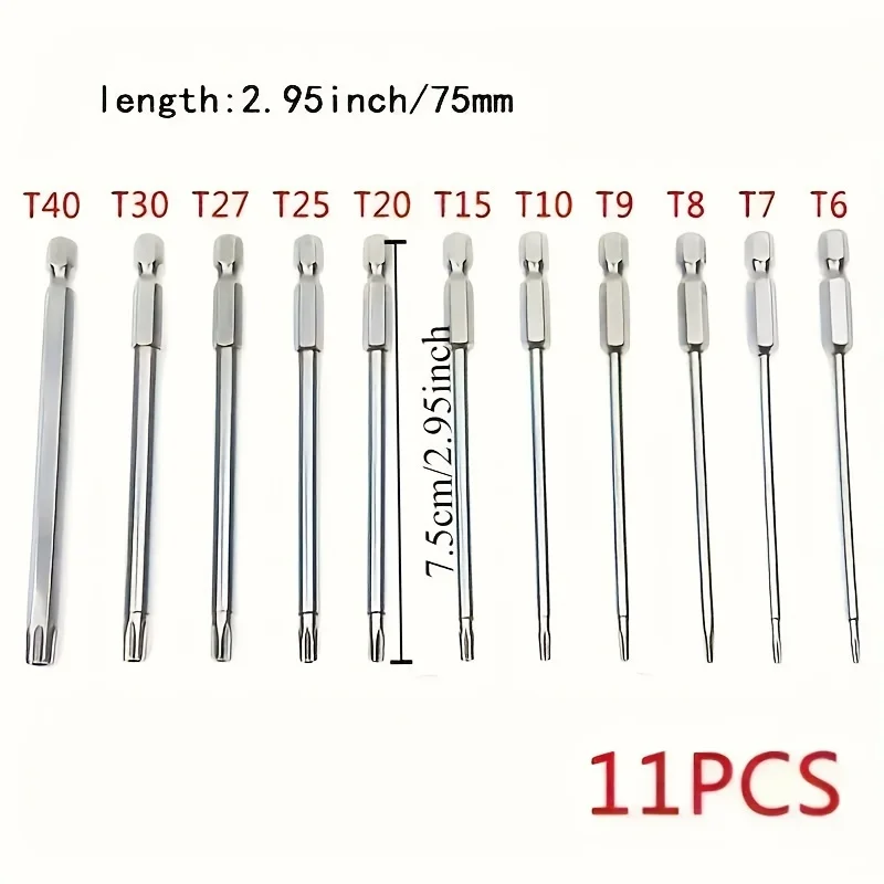 Set Bit Torx bintang presisi 11 buah-baja Aloi S2 kekuatan tinggi, panjang 75mm, ukuran T6-T40, mekanis serbaguna dan DIY rumah