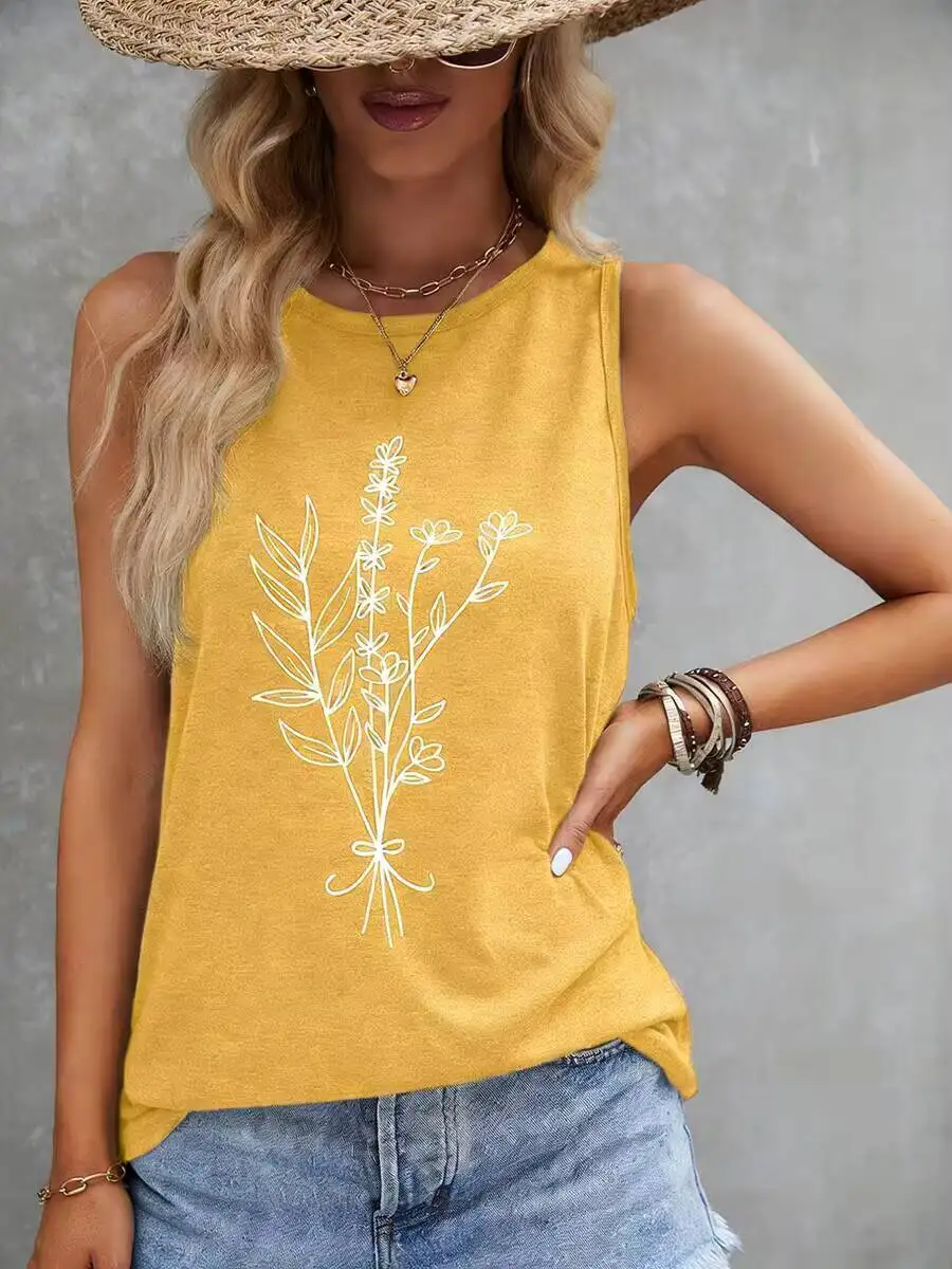 Damen-Tanktop, ärmellos, Rundhalsausschnitt, senfgelb, Botanical-Print, entspannte Passform, Boho, lässig, Urlaub, Sommer, gemütlich, Strand, atmungsaktiv