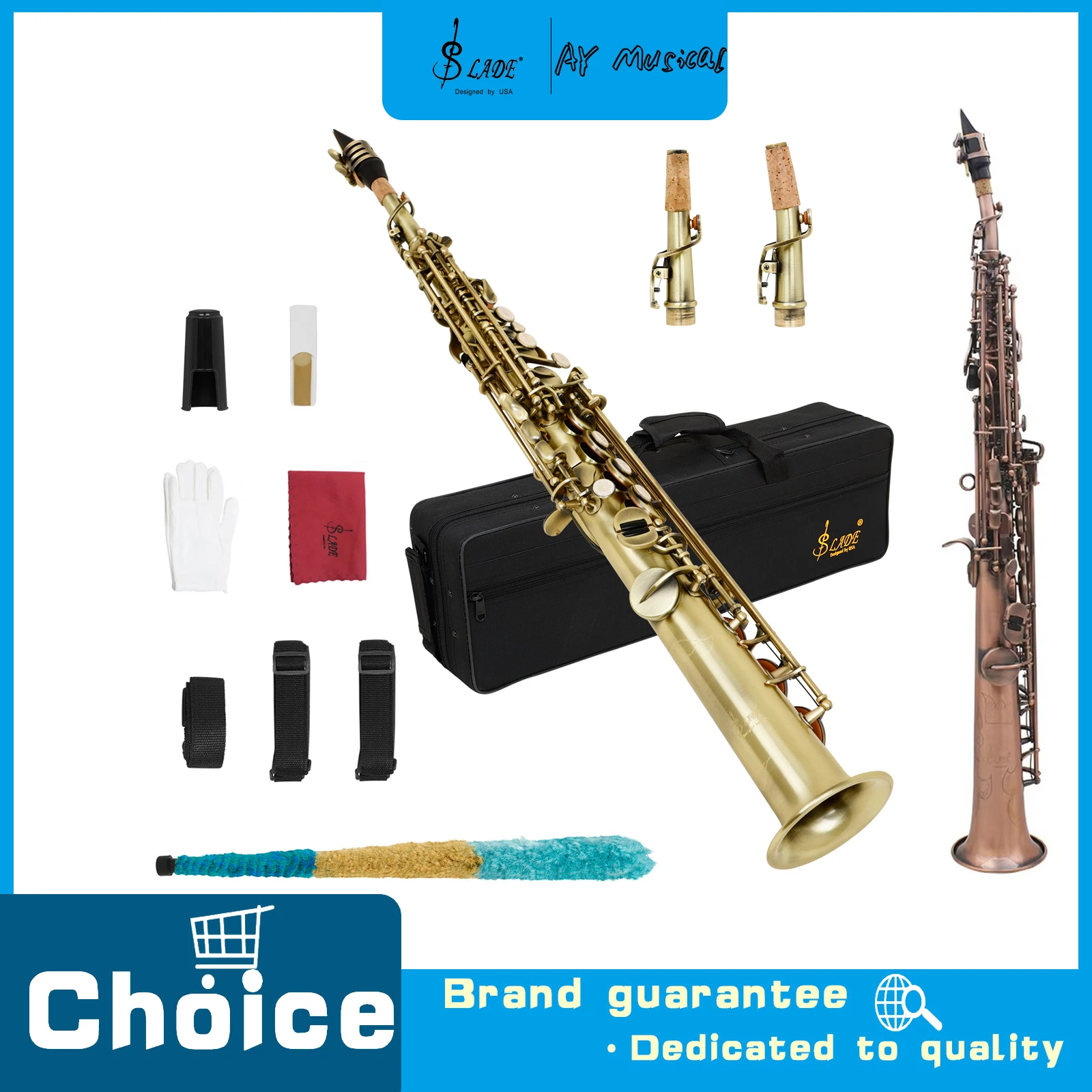 SLADE Soprano Saxophone Bb Straight Tube Red Copper Bronze Body Saxophone Retro Woodwind Instrument for Saxophone Performance