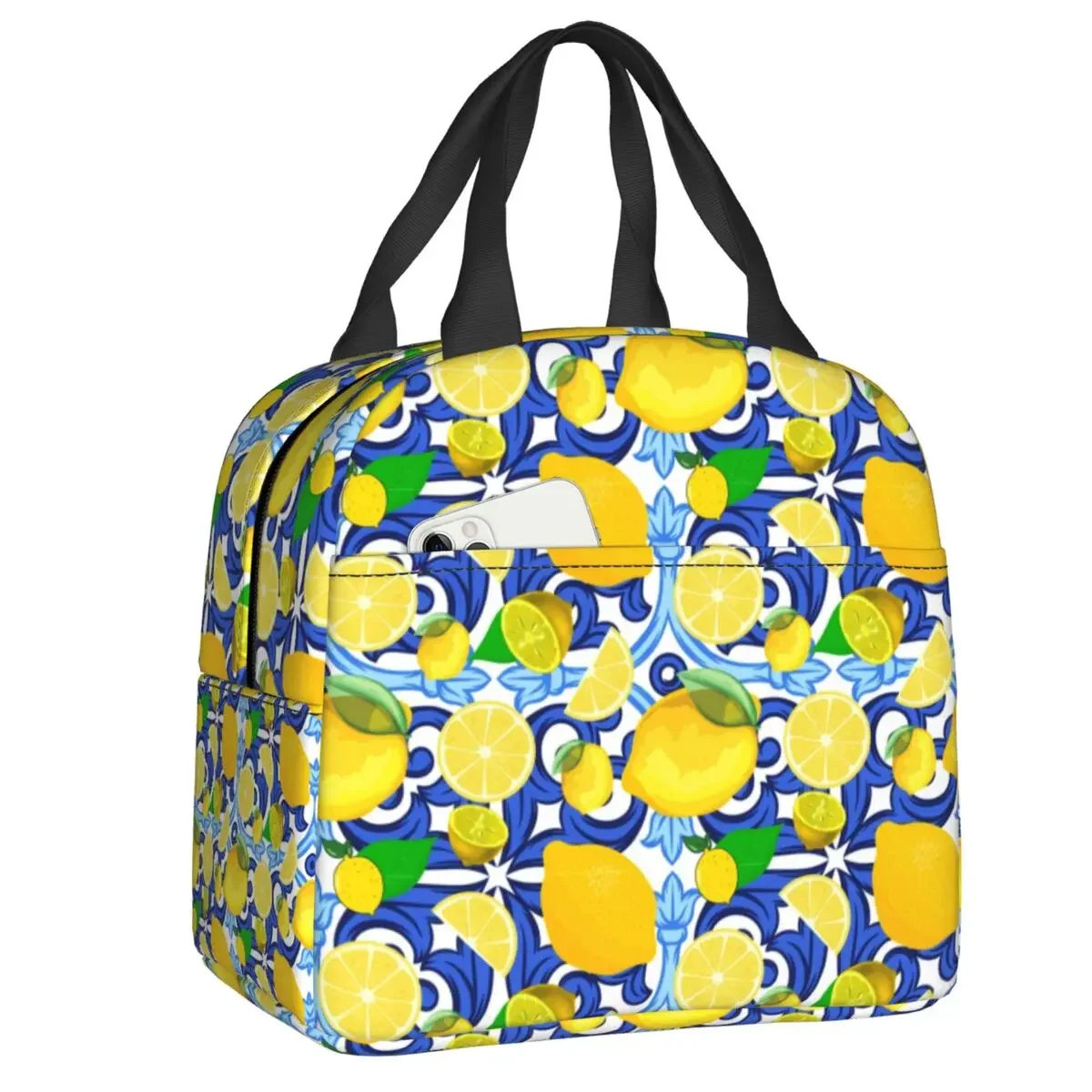 Lemon On Top Of Blue And White Tile Italian Style Insulated Lunch Tote Bag Citrus Fruit Portable Cooler Thermal Food Lunch Box