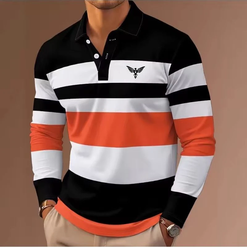 

Men's Fashion 3D Color Block Print Polo Shirts Simple Design Long Sleeve Button Lapel Pullover Loose Casual Comfortable Clothing
