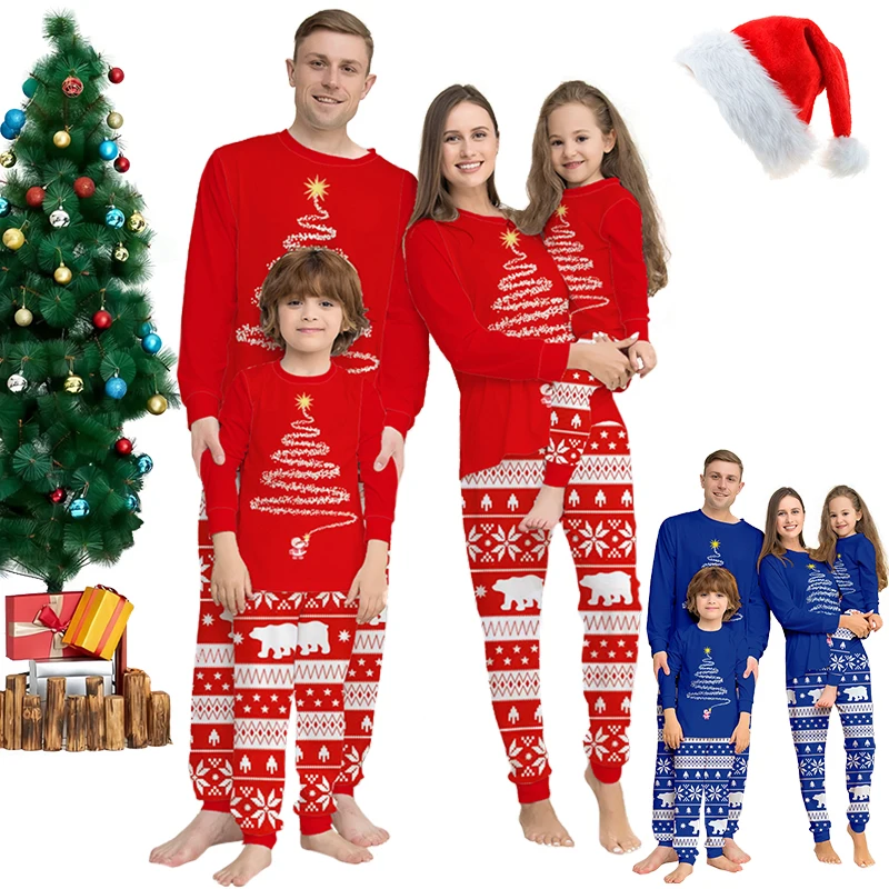 

Winter Cotton Christmas Pajama Sets for the Whole Family Santa Claus Xmas Tree Vintage Print Mom Dad Kids Pajamas Home Clothes