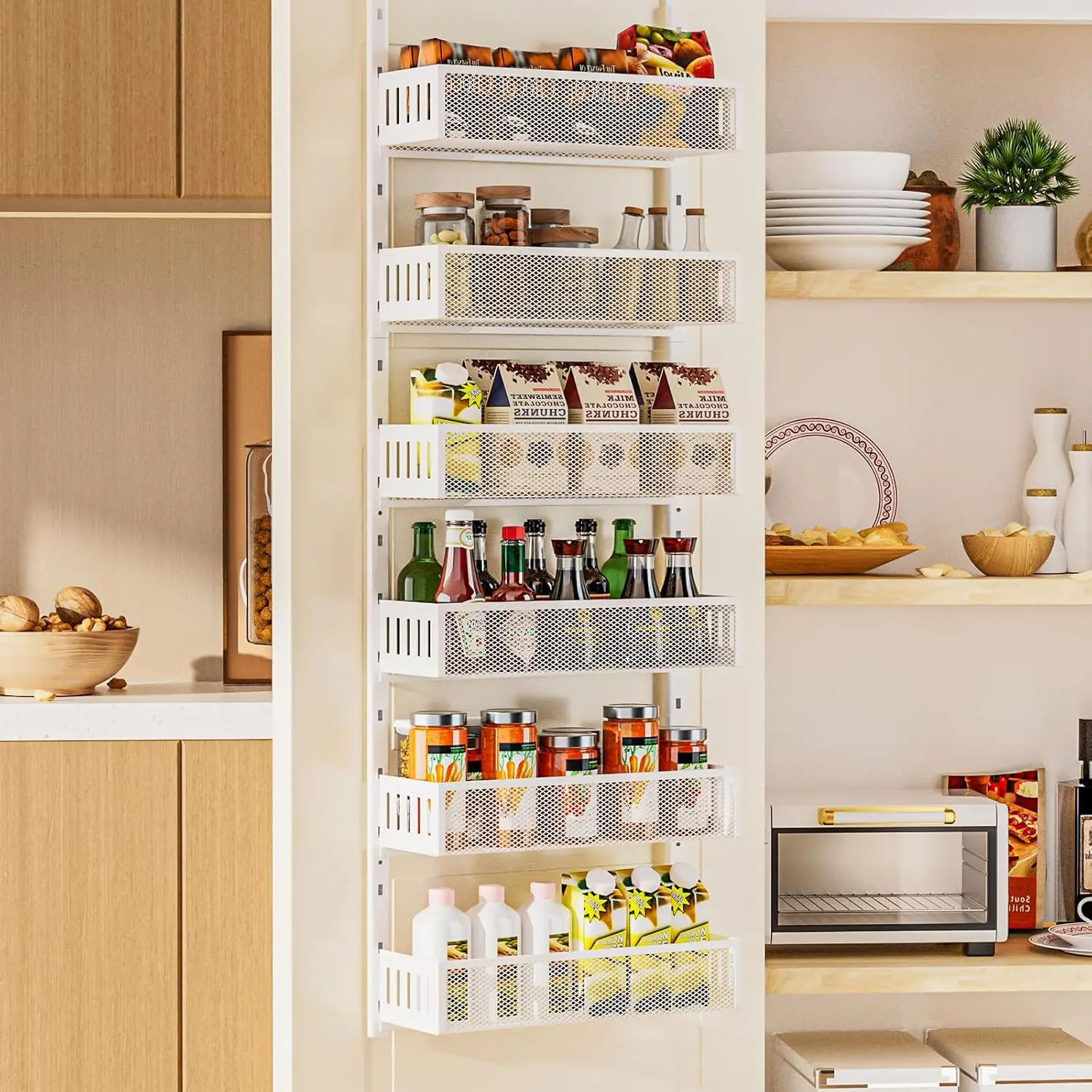 

6-Tier Over The Door Pantry Organizer with Mesh Baskets, Adjustable & Stable Hanging Spice Rack for Kitchen, Bathroom, Bedroo