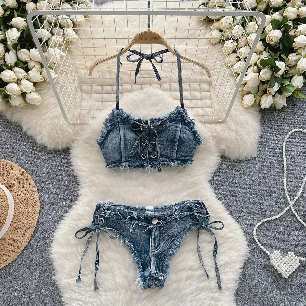 

2024 Women's Bikinis Set Summer Sexy Denim Strap Bra Vest and Low Waist Shorts Bathing Suit Swimsuit Swimwear