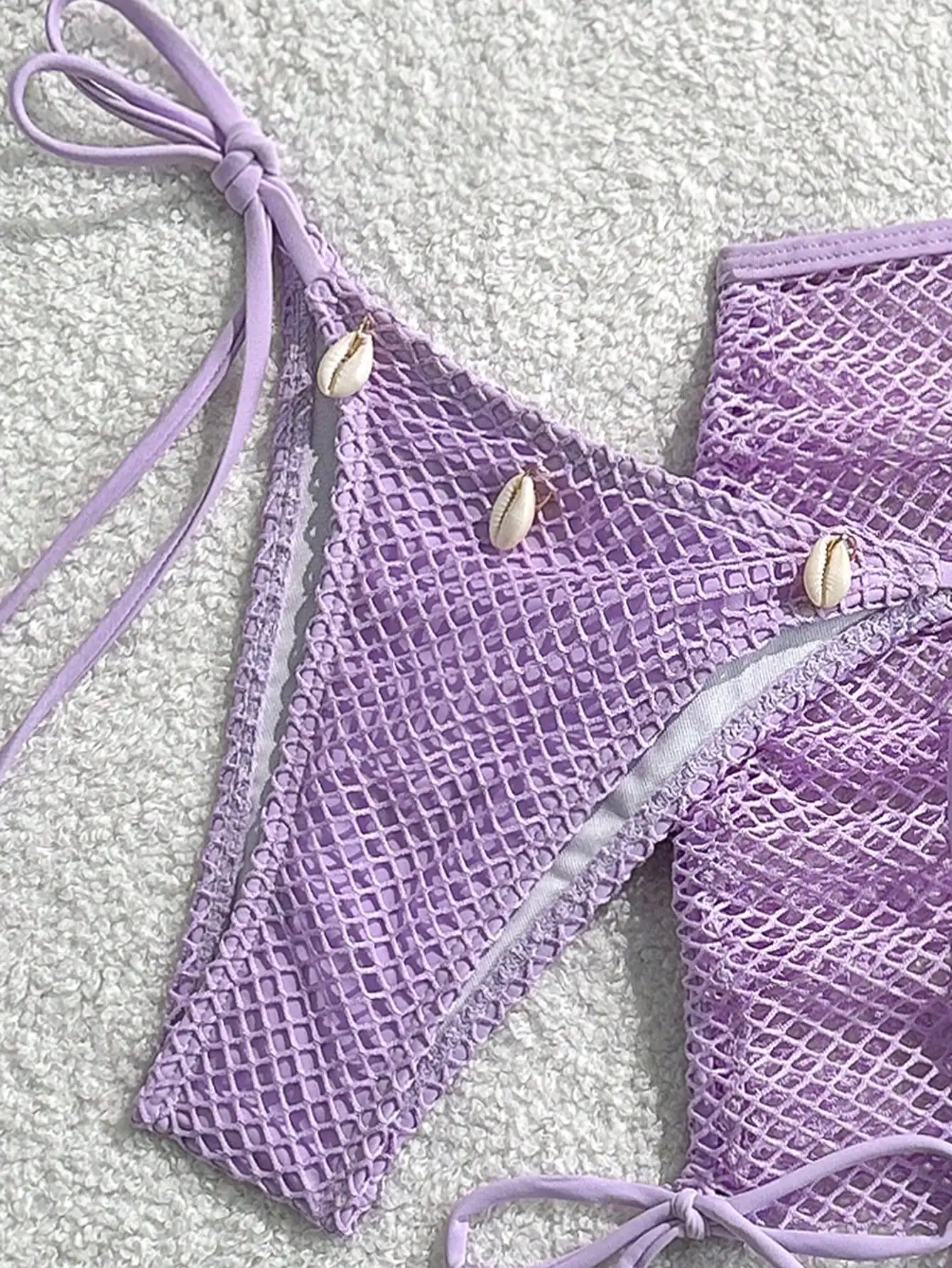 

Lavender Crochet Mesh Bikini Set With Shell Accents For Summer Beach Wear