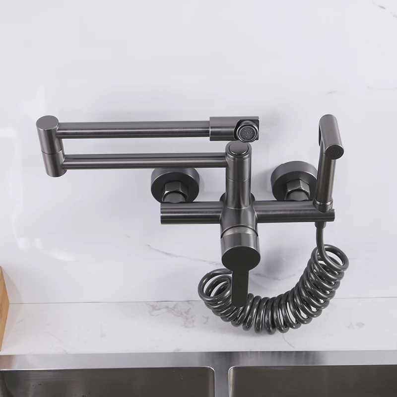 

Dual Hole Kitchen Pot Filler Tap Wall Mounted Kitchen Folding Sink Faucet with Sprayer Single Handle Hot and Cold Mixer Tap Gray