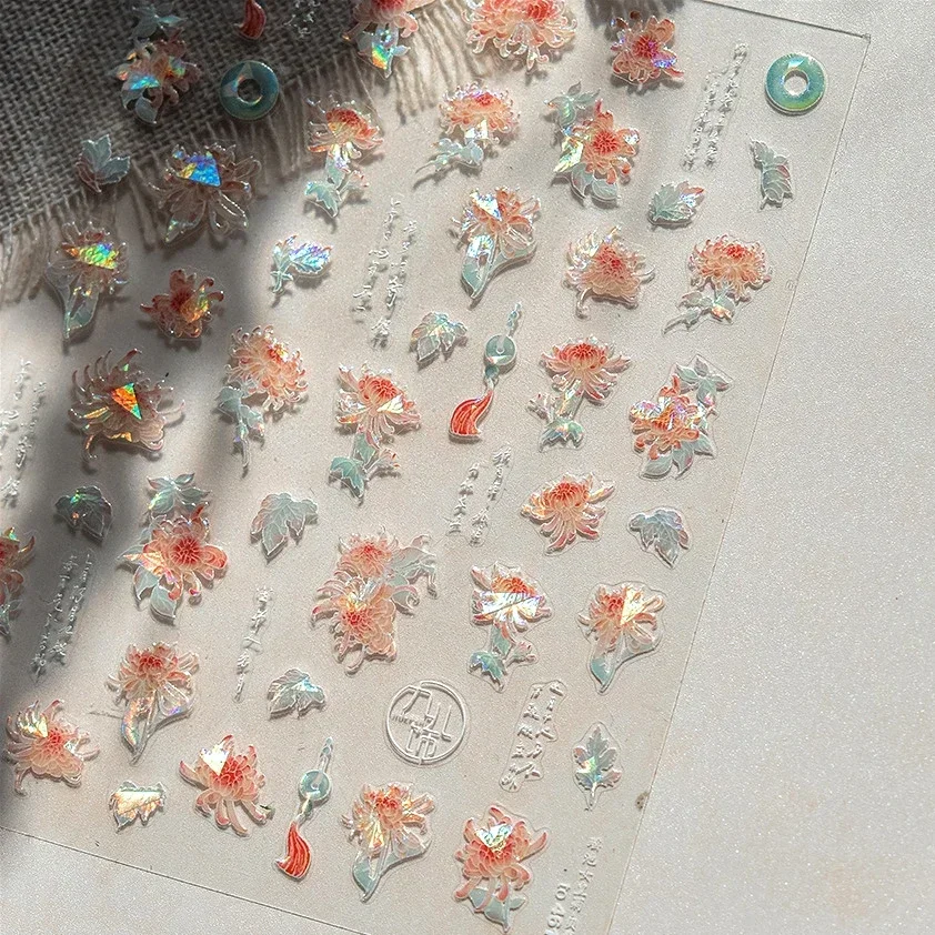 Autocollant 5D pour Nail Art, fleur d'osmanthus, chrysanthème, papillon, personnage chinois, Vase en Relief, adhésif pour manucure, automne jaune