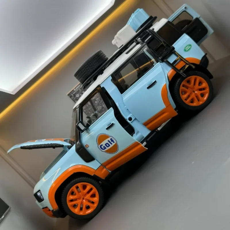 Diecast 1/18 Land Rover Defender 110 Camel Trophy Off Road Car Model Children Toys Vehicles Gift Sound Light Voiture Miniature