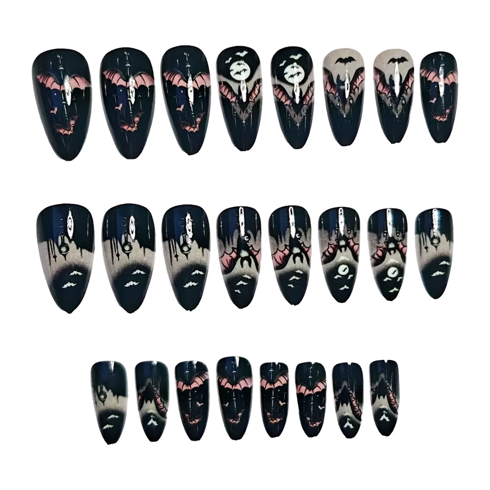 24 Stuks Halloween Nep Nagels Zwarte Amandel Druk Op Nagels Enge Vleermuis Ontwerpen Vrouwen Meisjes Charms Manicure Volledige Dekking Kunstnagels