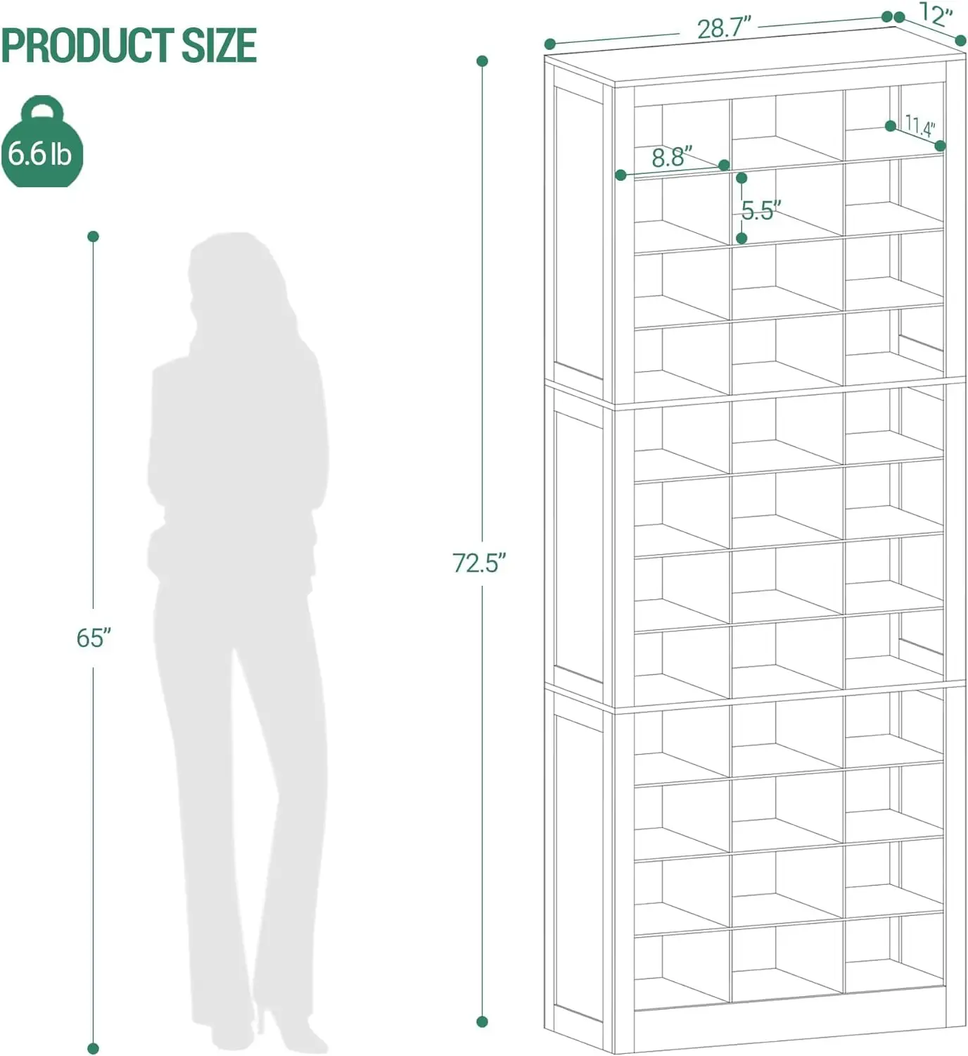 Storage Cabinet, 36 Pairs Free Standing Closet Organizer, 8.8 inch Widened Cell Wood Shoe Organizer, 12 Tiers Vertical Spac