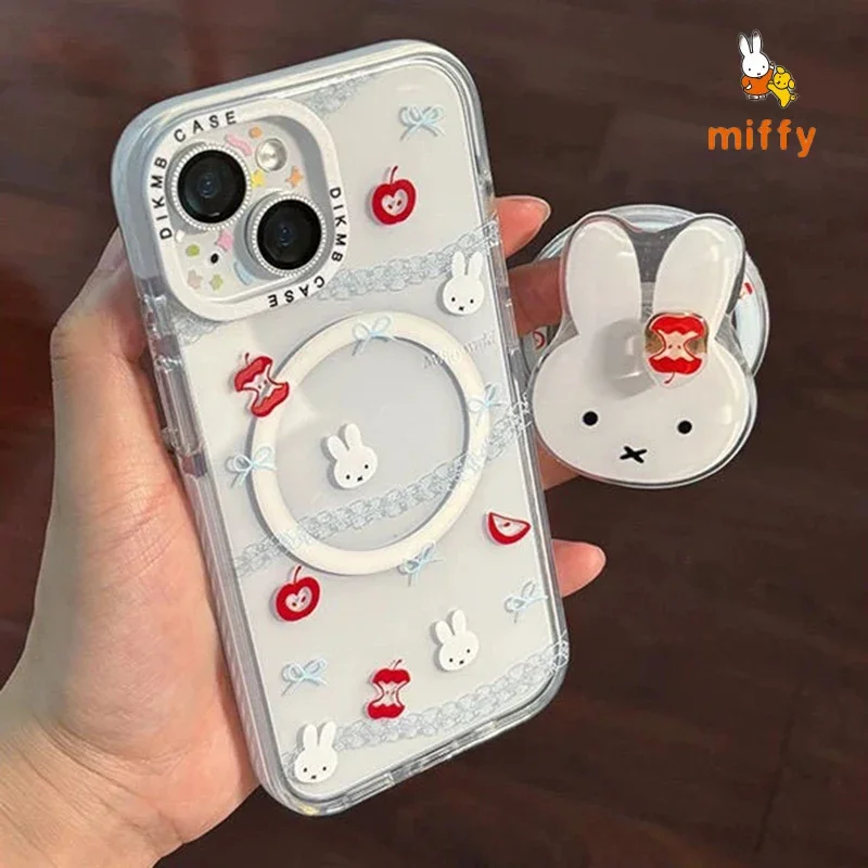 귀여운 미피 폰 케이스 아이폰 16 15 14 13 호환 투명 폰 케이스 만화 애플 코어 자석 스탠드 완벽한 선물