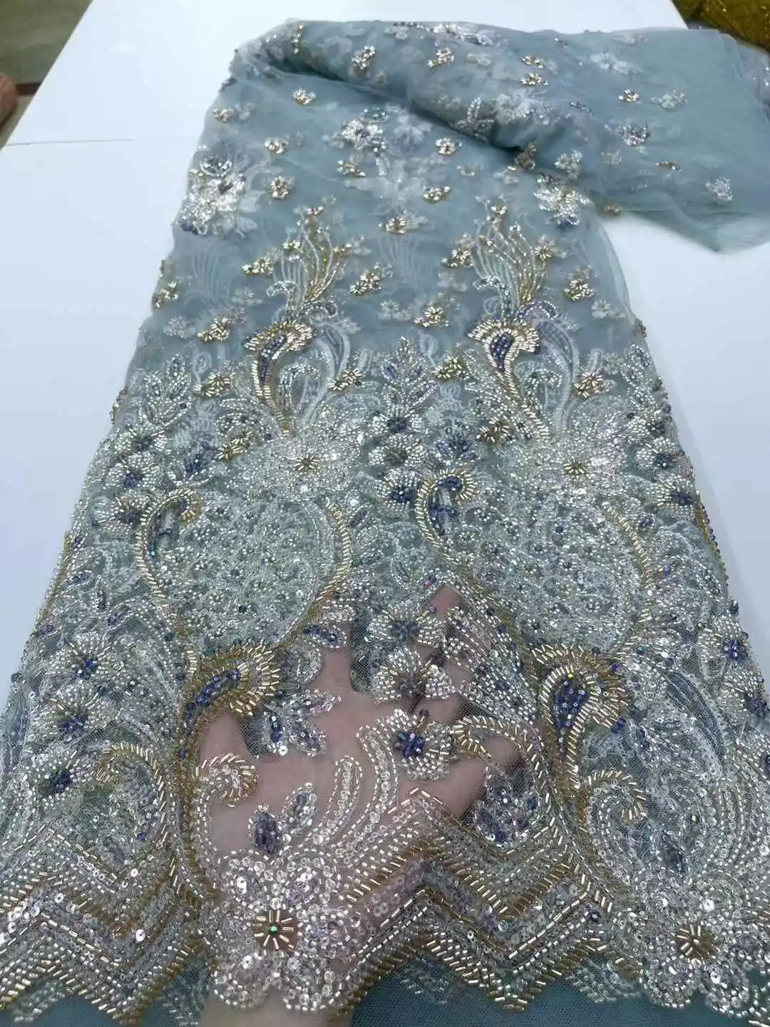 Luxury African Lace Fabric French Net Sequins Beads Fabric 2025 High Quality Sewing Embroidered Lace Tulle Nigerian