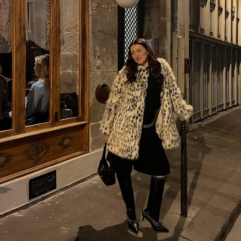 Ladies Open Front Spotted Faux Fur Coat Stand Collar Plush Thick Mid Length Winter Jacket Soft Warm  Fit Daily Outer Garment