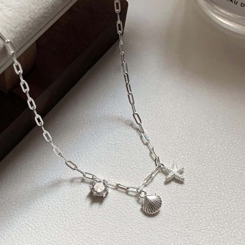 PANJBJ 925 Sterling Silver Zircon Necklace for Women Girl Geometry Shell Starfish Interesting Jewelry Party Gift Dropshipping