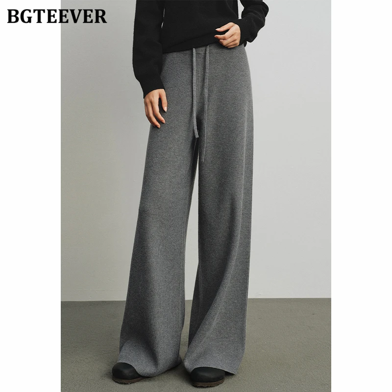 BGTEEVER Autumn Winter Fashion High Waist Lace-up Female  Knitted Straight Trousers Casual Loose Women Drawstring Sweater Pants