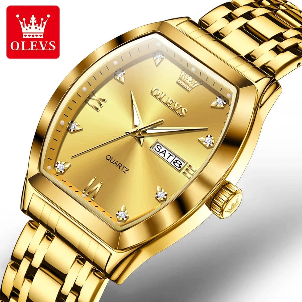 OLEVS-Reloj de pulsera de cuarzo para hombre, cronógrafo en forma de Tonneau, resistente al agua, con correa de acero inoxidable, con calendario luminoso, para negocios, 5528