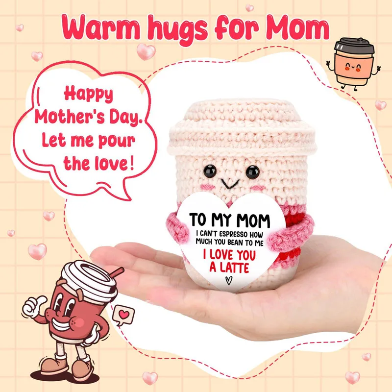 Funny Handwoven Positive Energy Coffee Cup Support Emotional Home Room Decoration Plush Knitting Doll Birthday Christmas Gift