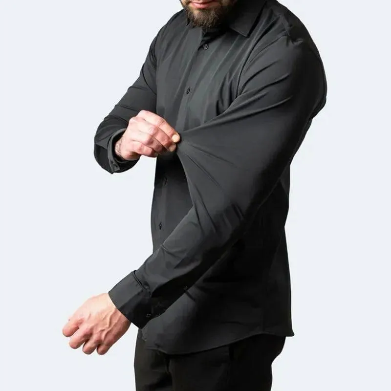 

6XL New Summer Black Men's Shirt Elastic Force Non-Iron Long CleanFit Waist-Cinching PU Leather Neck Female Wear