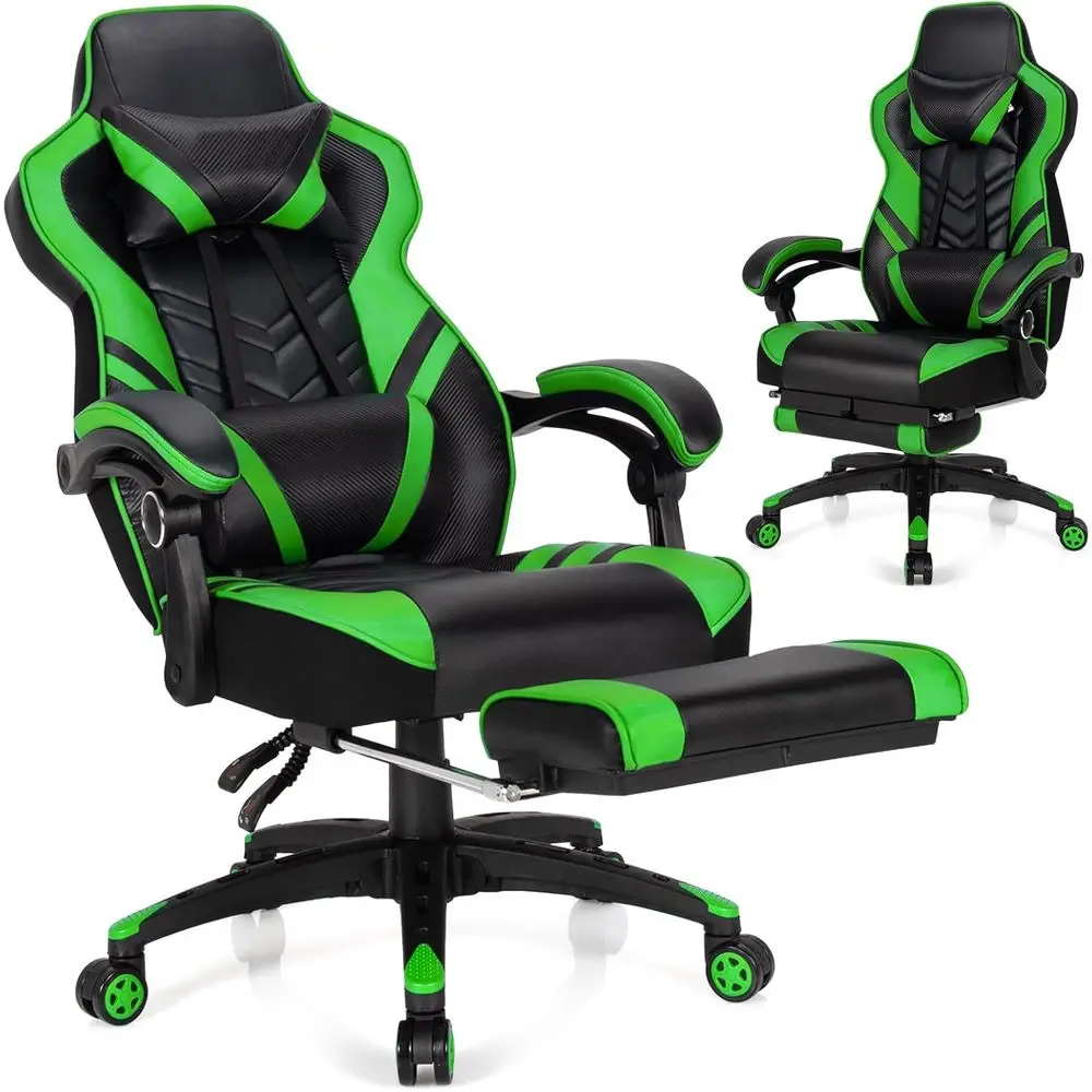 Green Ergonomic Swivel Chair with Adjustable Height, Footrest, and Lumbar Support for Gaming and Office Use