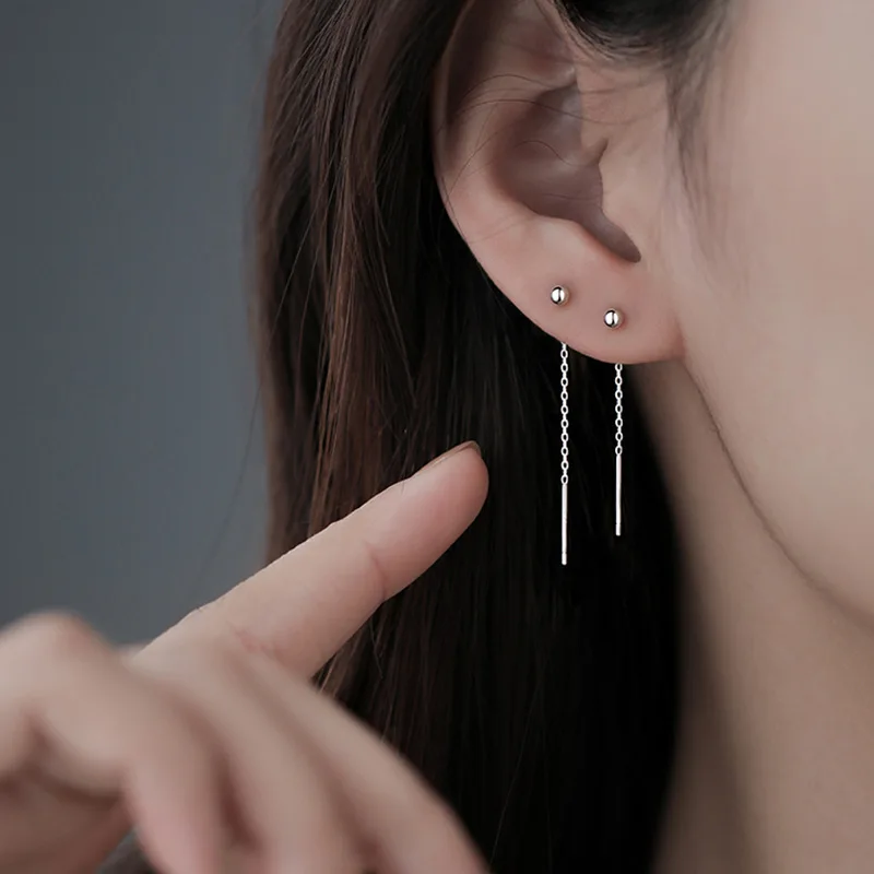 Fashion Dangle Earrings For Women Geometric Ball Long Tassel Chain Drop Silver Color Earring Minimalism Ear Line Kpop Jewelry