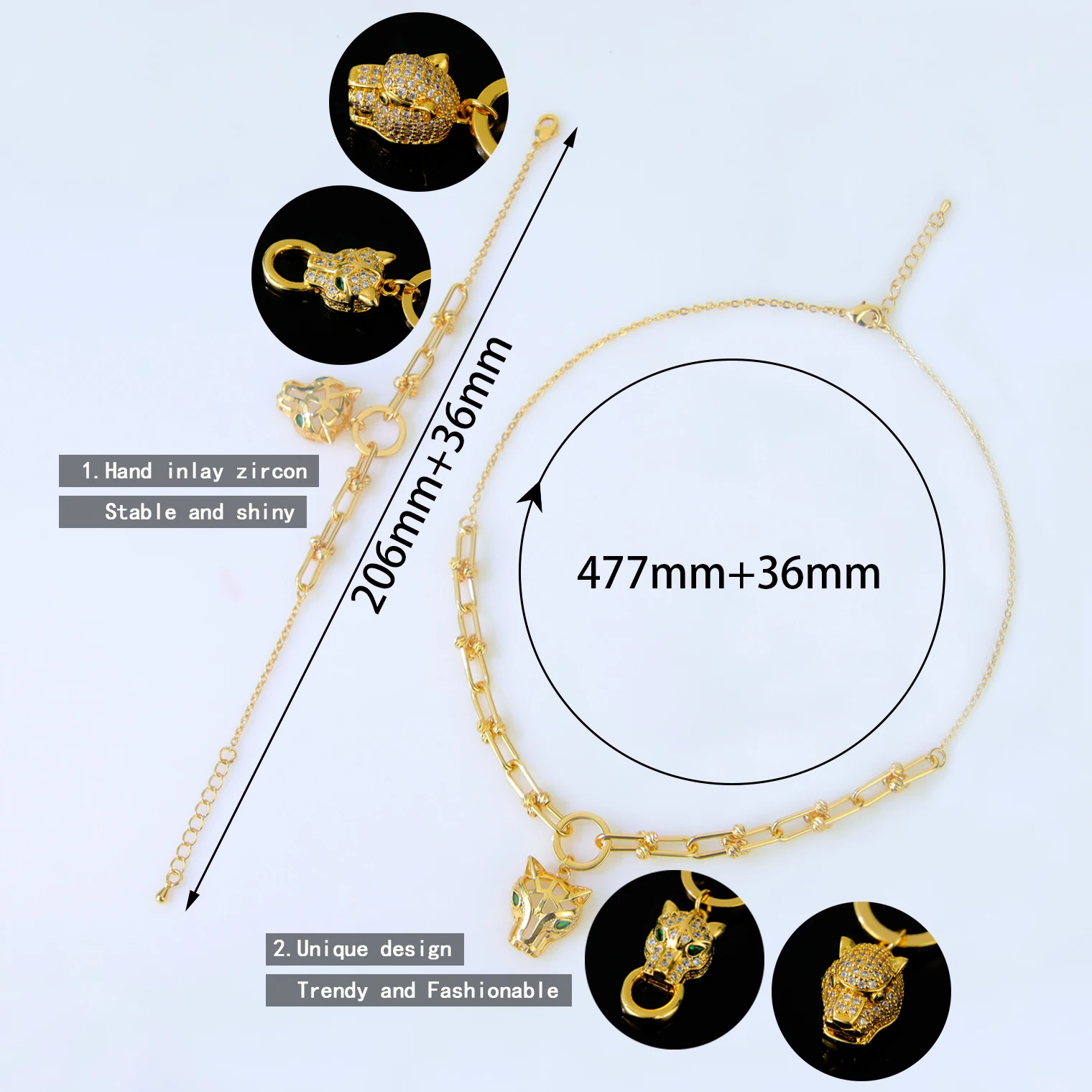 Hochwertiges Schmuckset aus Leoparden-Gold, 21 Karat vergoldet, U-förmiger Zirkonia, Panther-Halskette, Armband, Dubai, Damen-Party-Schmuck, Geschenk – Detail 2