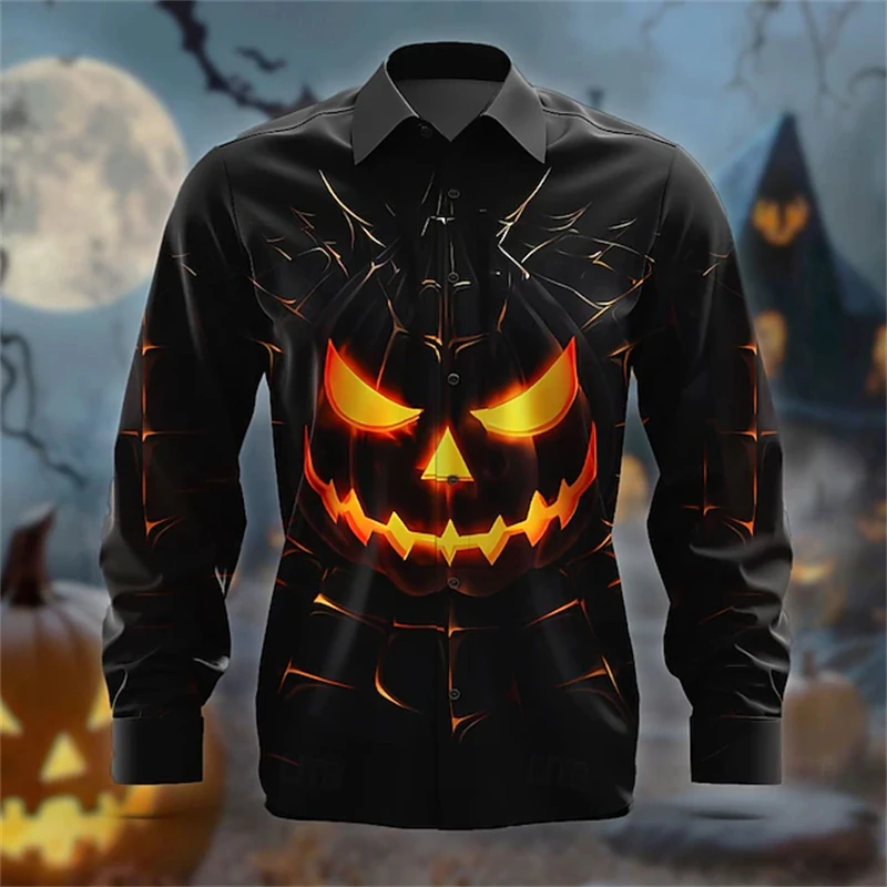 Men Long‑Sleeve Turn‑down Collar Shirt Halloween Pumpkin Print Button‑Up Casual Top Holiday Party Outfit