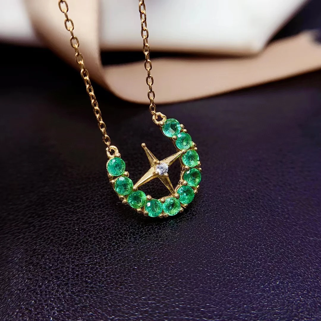 Design Style Silver Gemstone Pendant 3mm Total 1ct Natural Emerald Necklace Pendant 18K Gold Plating 925 Silver Emerald Jewelry