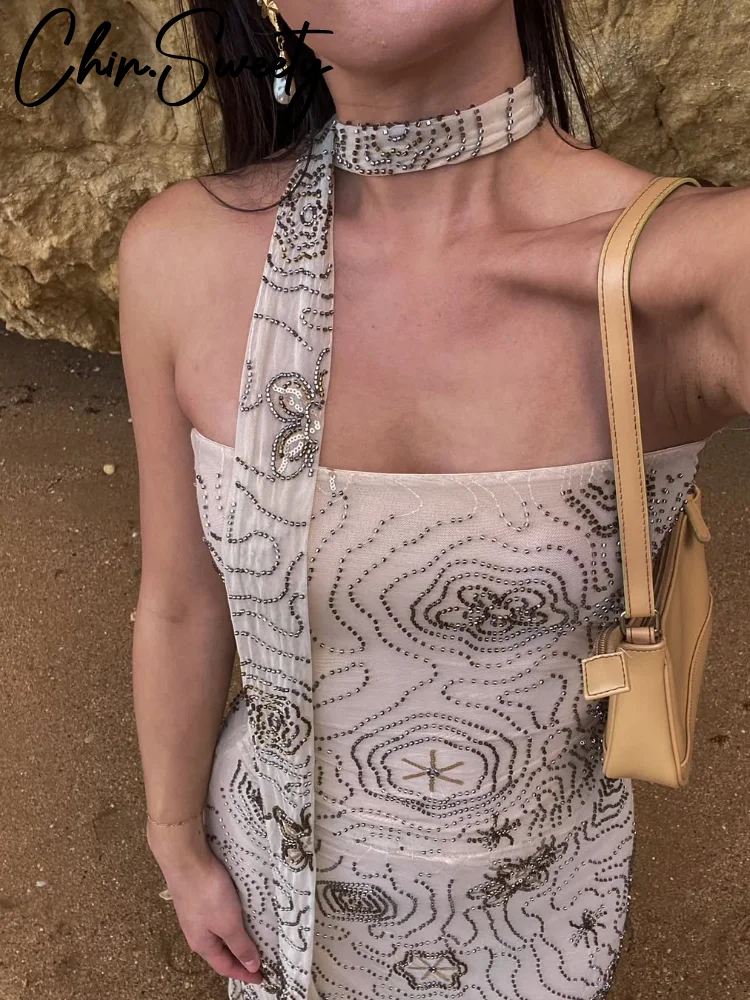 

Пляжная майка с принтом бисера, юбка, женская одежда, топы без рукавов с шалью и воротником, плиссированная юбка средней длины, лето 2025 г., повседневный женский комплект