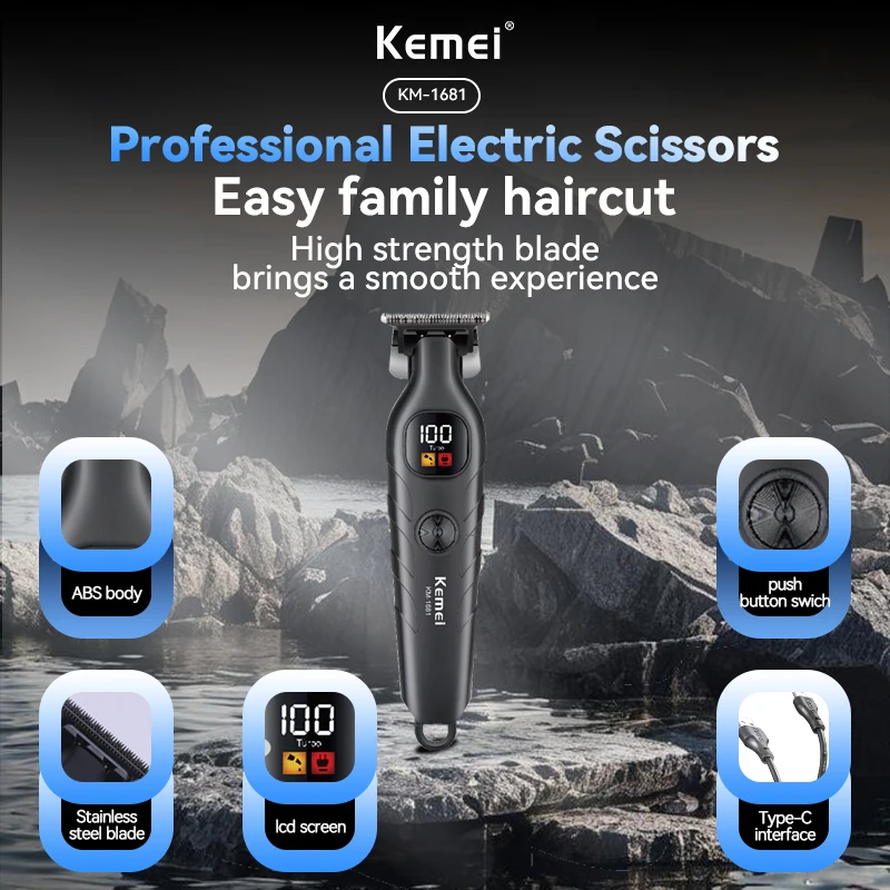 Kemei 1681 آلة قص الشعر المهنية السعر المنخفض مشابك الشعر المنزلية الحلاق اللاسلكية قابل للتعديل مشط قابلة للشحن الشعر المتقلب