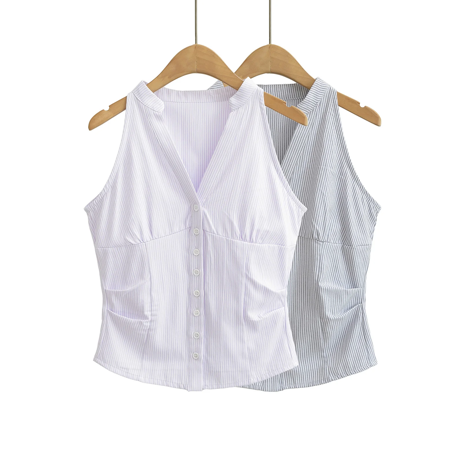Street Style Spicy Girl V-Neck Pleated Waist Cinched Sleeveless Vest Pure Desire Internet Famous Short Show Body Stripe Top