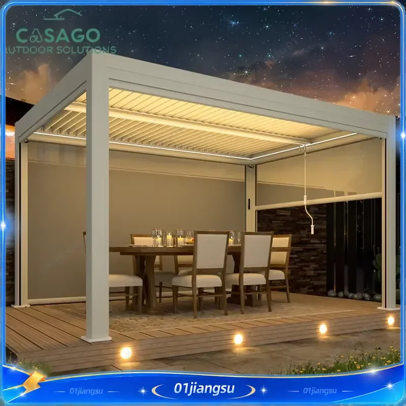 Motorized Aluminum Pergola Adjustable Louvered Roof Waterproof Garden Gazebo Outdoor Patio Poolside Canopy Shade Structure
