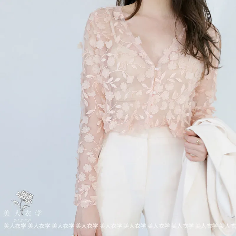 トップス 3D FLOWER LACE SHIRT (MIX) Luxury 3D Flowers Petal Chiffon Shirt Perspective Mesh Blouse OL V