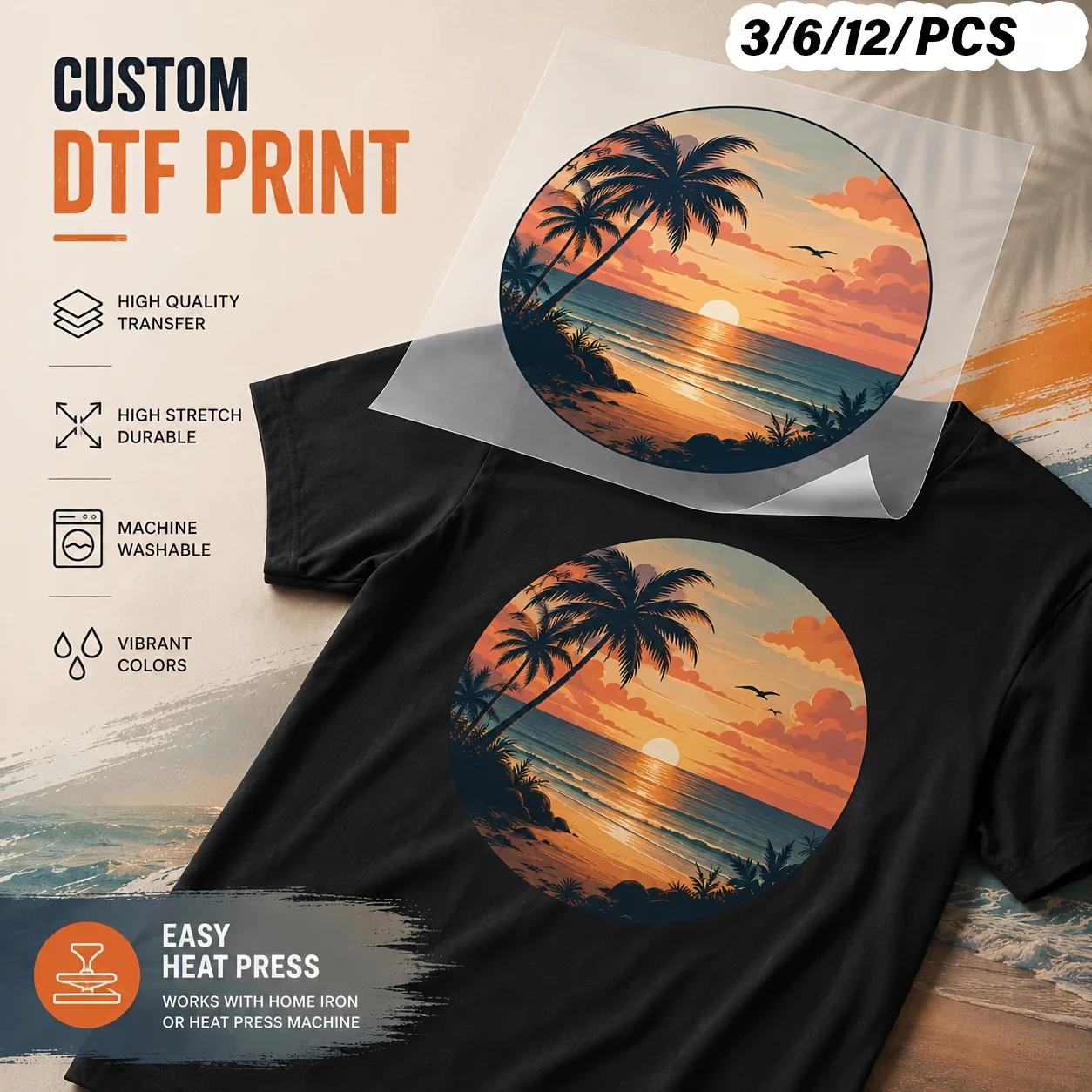 6PCS Custom DTF Heat Transfers Personalized Photo Logo Text Iron On Prints for T Shirt Hoodie Bag DIY Fabric Clothing Decoration