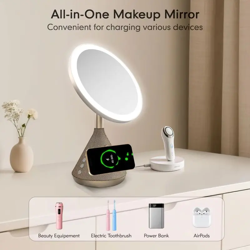 New Lighted Makeup Mirror Bluetooth Speaker 15w Magnetic Wireless Charging 3-In-1 Livestreamer Type-C Coating Makeup Mirror