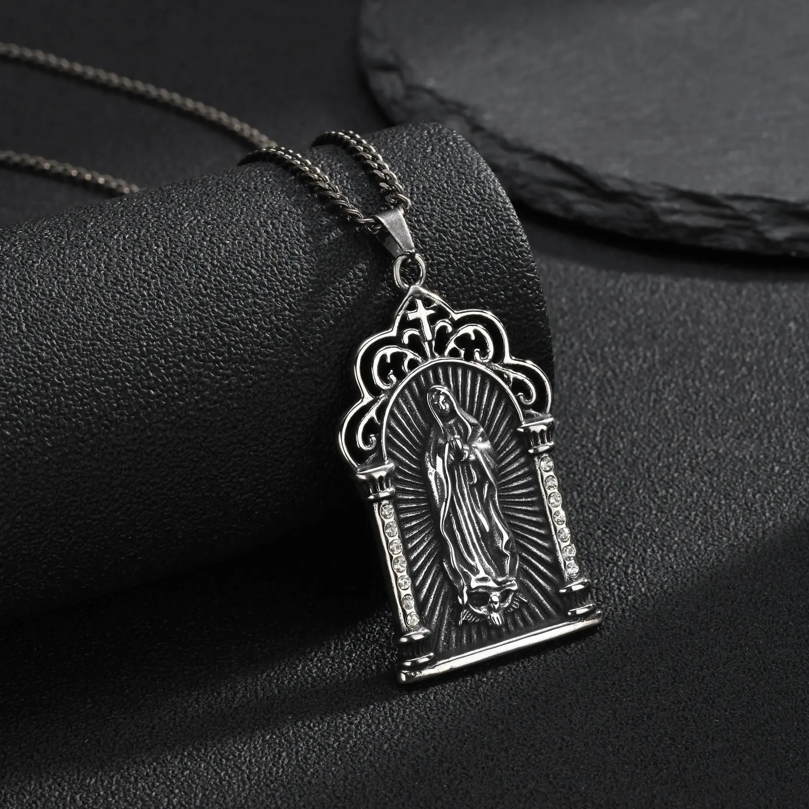 Vnox Men Stainless Steel Virgin Mary Pendant Necklace Retro Grey Clear CZ Crystal Gothic Church Religious Amulet for Daily Wear