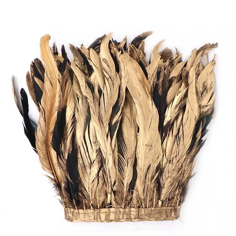 

2M Gold Rooster Tail Feather Trim Ribbon Crafts 25-30cm Natural Feathers Fringe for Wedding Party Clothing Dress Decorate