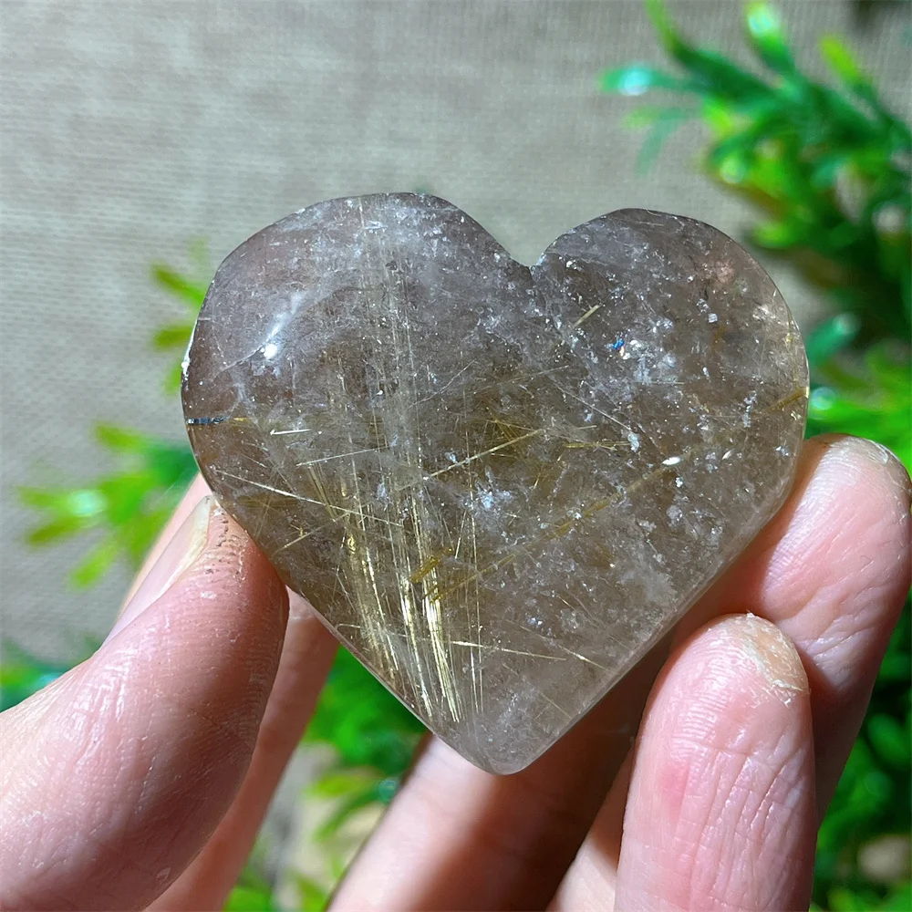 Gold Hair Rutile Stone Quartz Crystal Natural Heart Palm Gemstones Quality Healing Reiki Minerals Beauty Home Decoration