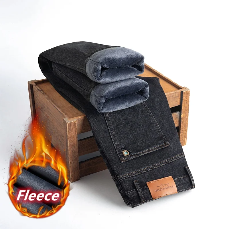 

High Quality Men's Wool Jeans 2025 Winter New Style Fleece Warm Hot Straight Leg Pants Men's Business Casual Jeans