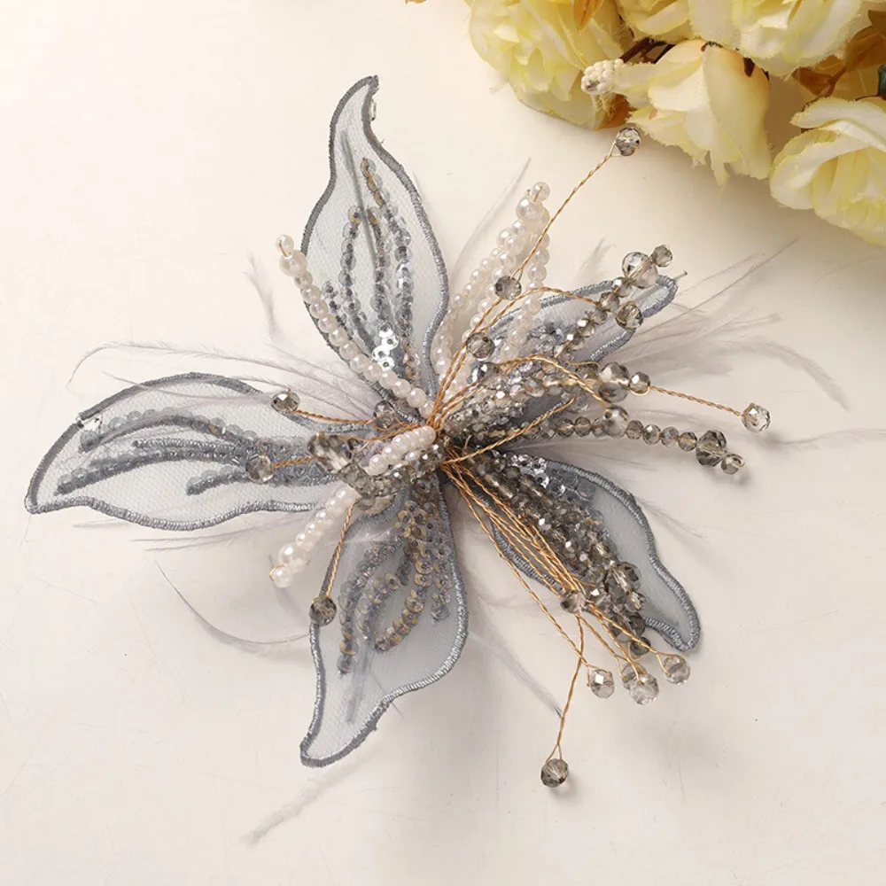Feather Pearl 3D Organza Flower Patch Twisted Wire Lace Studded Patch Hand-made Multi-layer DIY Sewing Decals Corsage Accessory