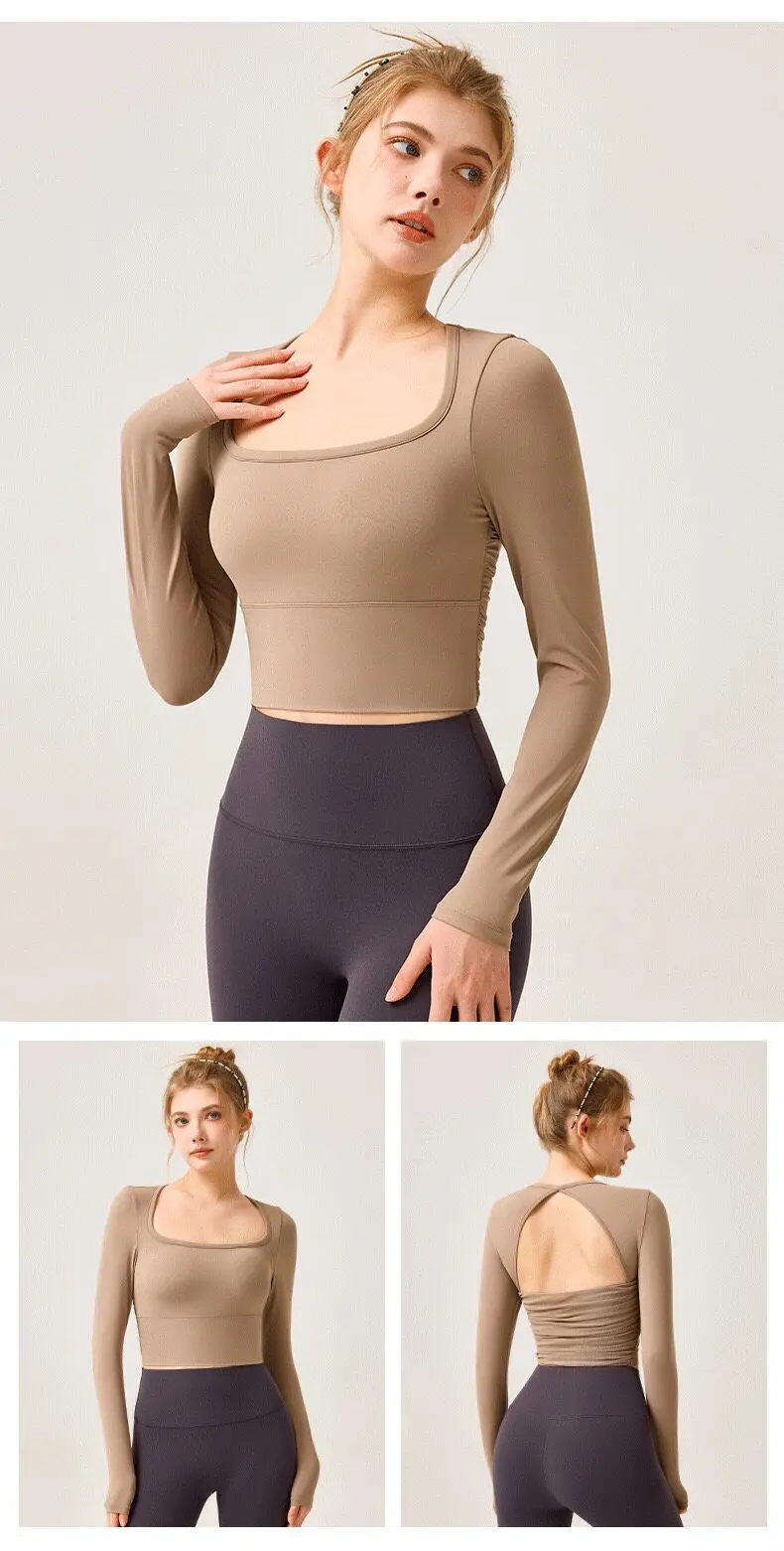 Schöne Yoga-Oberteile für Damen mit Brustpolstern, All-in-One-Lauf- und Trainingsbekleidung, Sportbekleidung mit langen Ärmeln, Fitnessbekleidung, Pilates – Detail 5