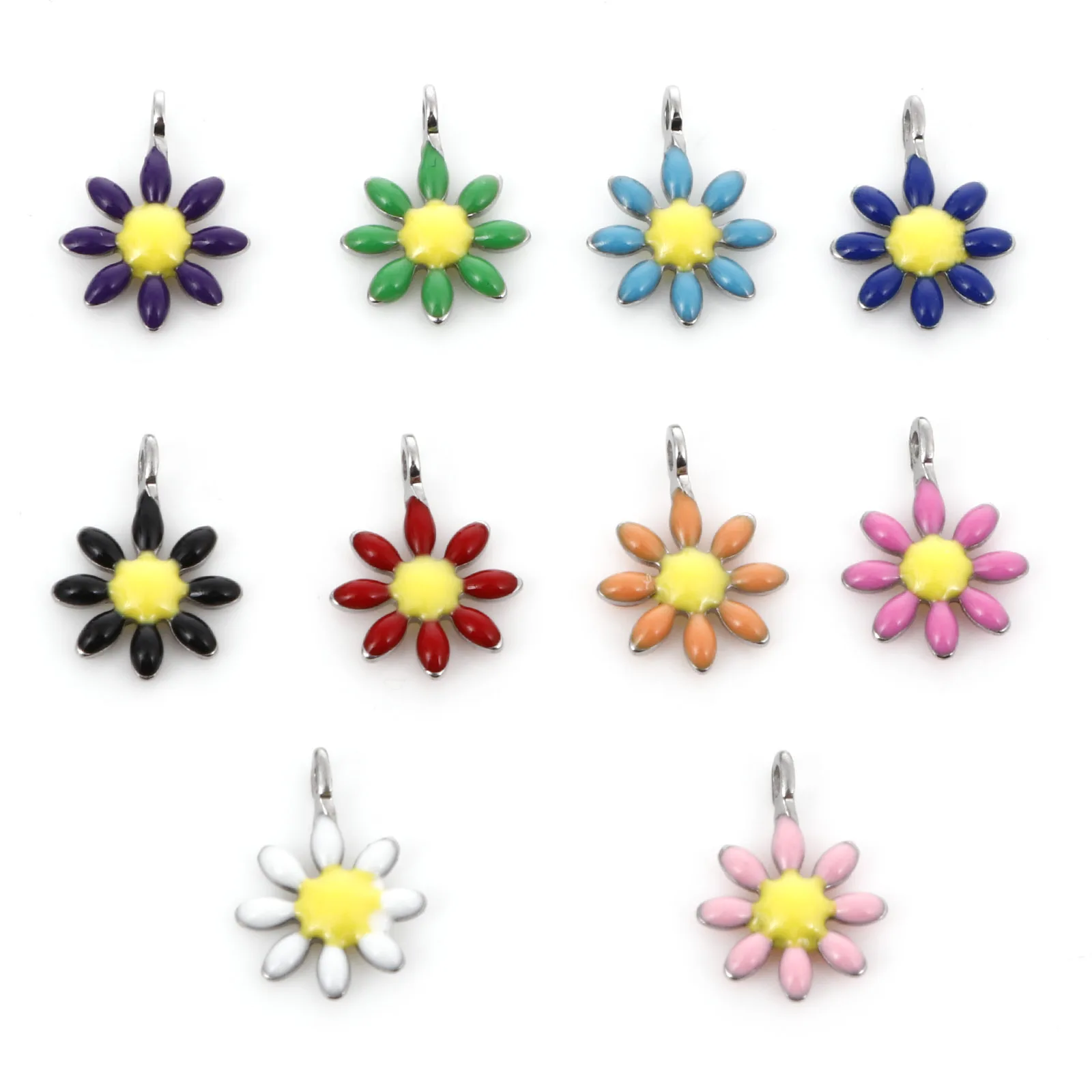 10PC Stainless Steel Sweet Flower Charms Double Sided Enamel Flora Collection Pendants Earring Jewelry Making Findings 10x7mm