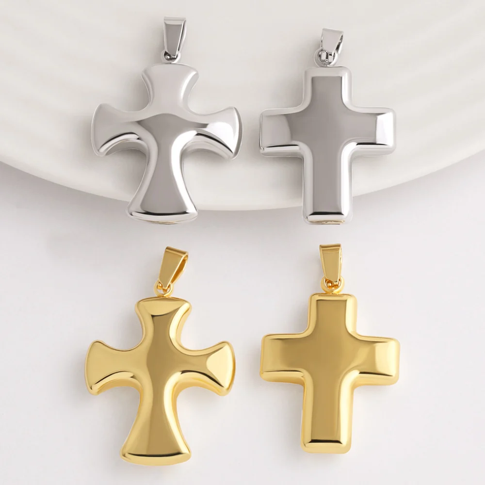 OCESRIO Polish Puffy Big Cross Pendant for Necklace Copper Gold Plated Religious Crucifix Jewelry Making Supplies pdtb862