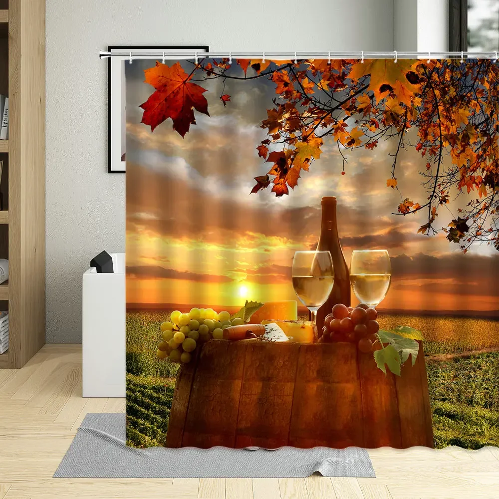 Autumn Country Sunset Scenery Shower Curtains Retro Wine Glass Vineyard Landscape Waterproof Bathroom Curtains with Hooks
