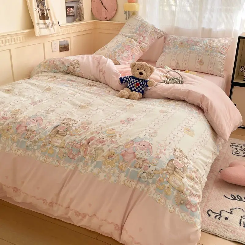 Pink Bedding Set with Bear Ins New Summer Duvet Cover Flat Sheet Pillowcase No Filler Girls Boys Full Queen Bed Linens