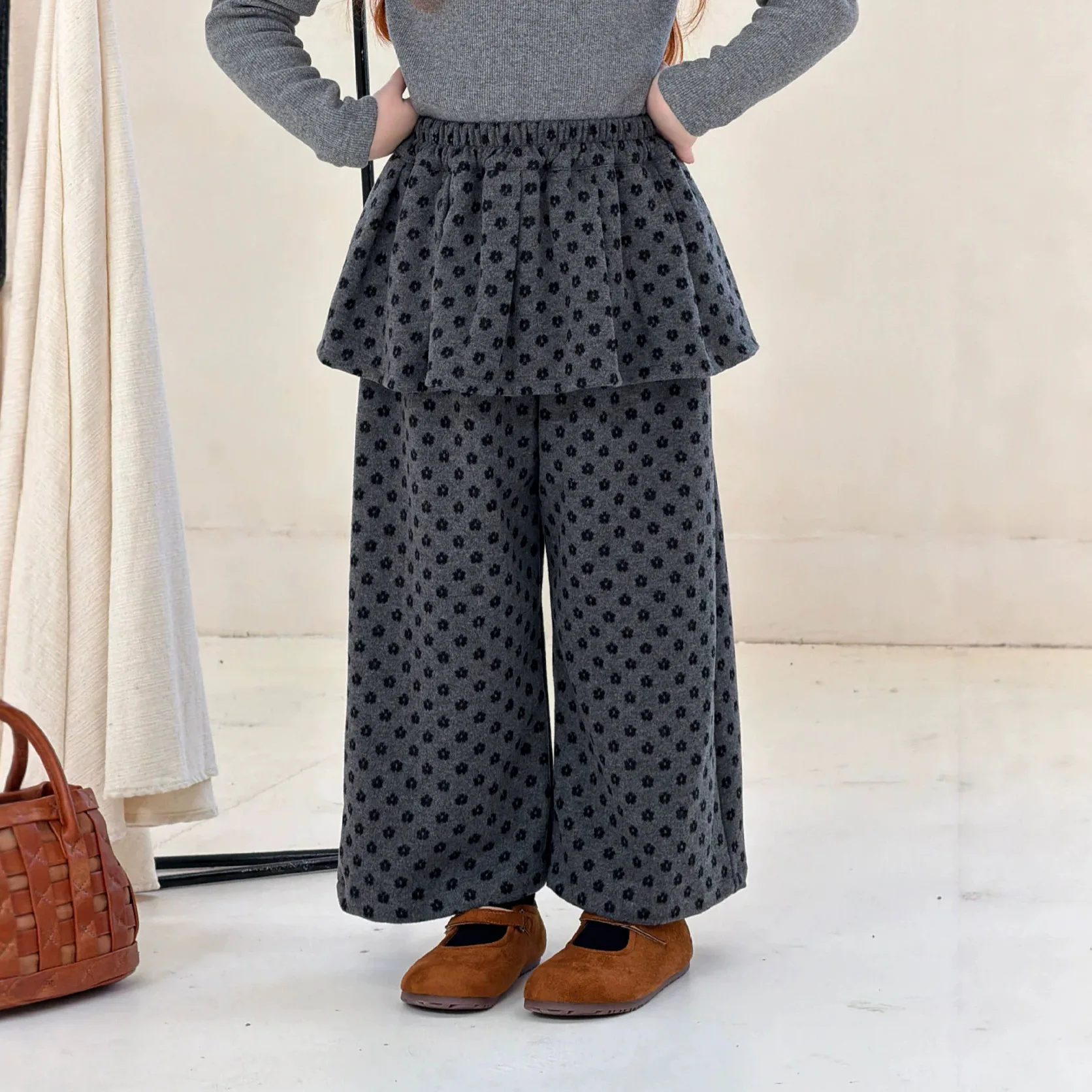 Girls Fall Winter Pants Fake Two Layer Skirt Baby Girl Long Korean Floral Wool Diaper Cover Straight Pants