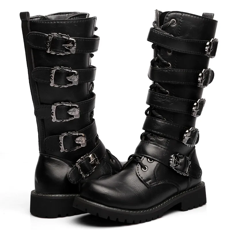 High Quality Men's Gothic Boots Punk Style Street Motorcycle Boots Fashion Mid-calf Leather Boot Winter Plush Warm Boots for Men
