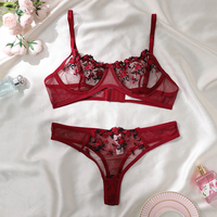 Wine Red Transparent Lingerie Embroidery Floret Two Piece Woman Push Up Ventilate Underwear G-string Sexy Bra Set Erotic Costume