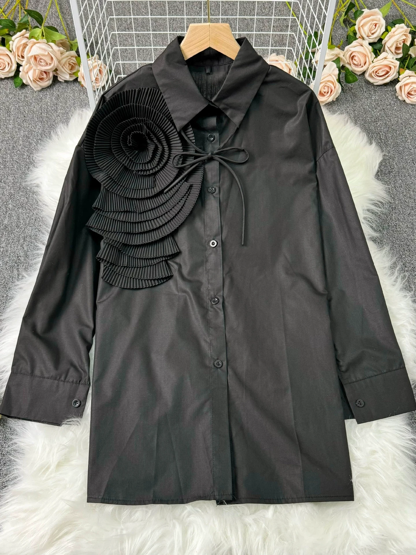 

Women's Pleated Large Flower Collar irt Street Sle Loose Fit Long Sve Pure Color Neline Polyester Fabric