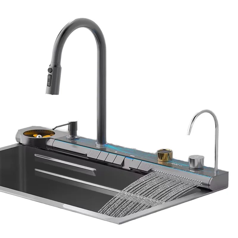 ก๊อกน้ำอ่างล้างจานครัวสแตนเลส LED มัลติฟังก์ชั่นทันสมัยปี 2025 ทำมือ อ่างล้างหน้าคู่ อ่างล้างจาน อ่างล้างมือทองเหลือง
