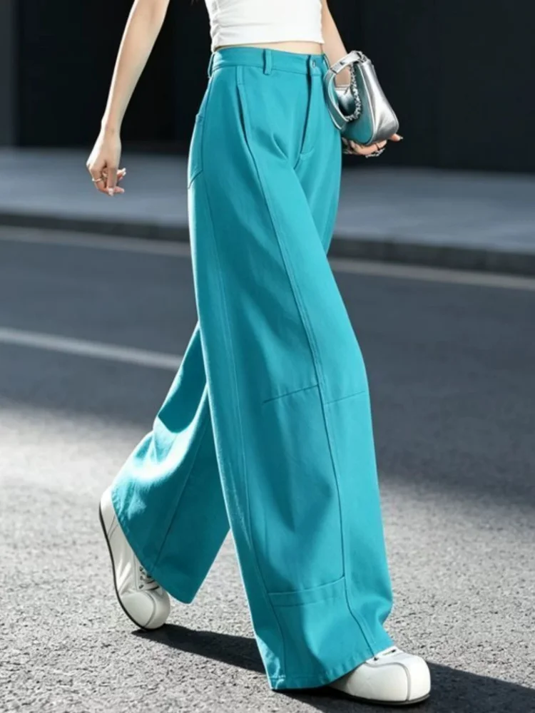 Loose High Waist Wide Leg Pants Women's Casual Comfortable Straight Cut Trousers Spring Autumn New Style Lake Blue Color